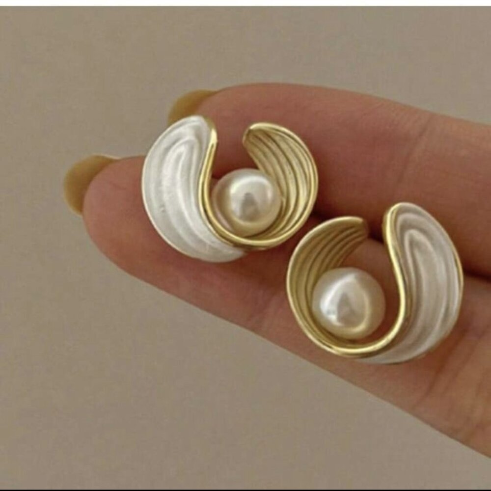 Minimalist French Enamel and Pearl Earrings for women